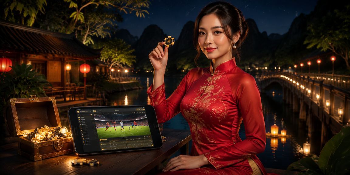 Phụ nữ mặc áo dài tại Ninh Bình sử dụng điện thoại để kiểm tra thông tin thanh toán và đặt cược thể thao